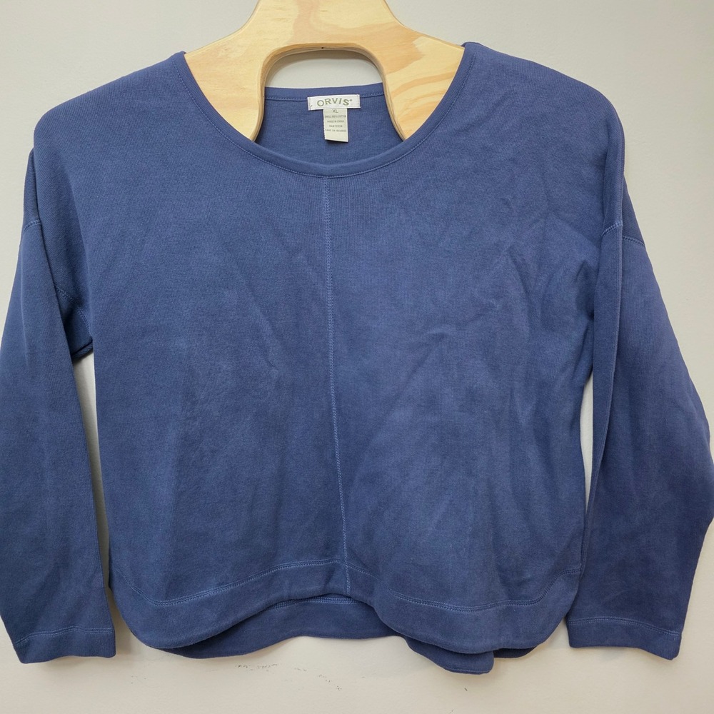 Orvis Knit Top Women XL Blue Casual Center Seam Tulip Hem Cotton Relaxed Coastal